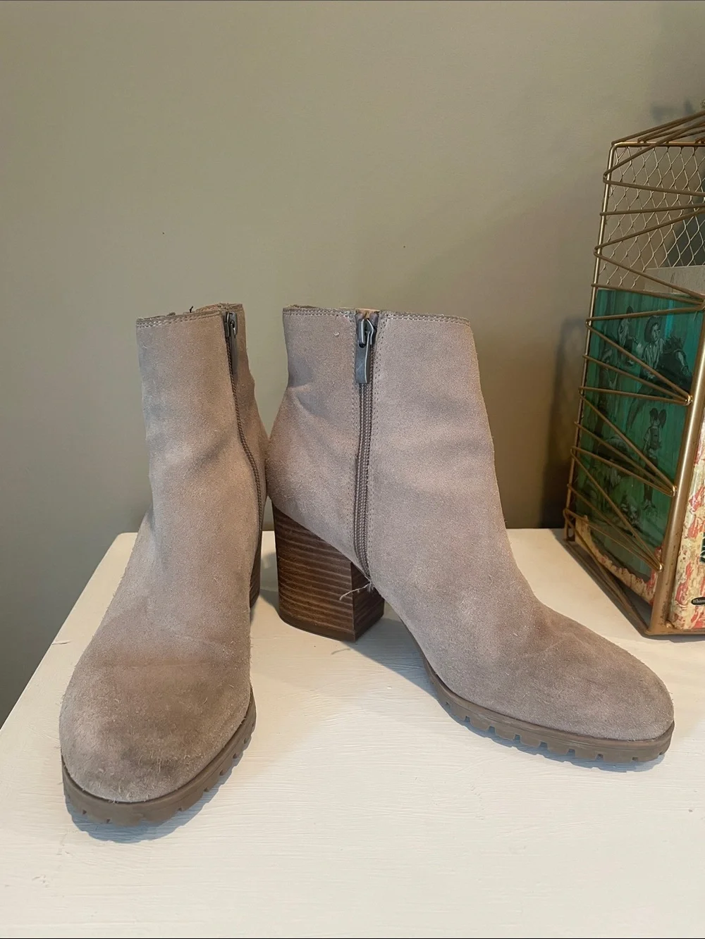 Franco Sarto Taupe Suede Ankle Booties with Stacked Heel